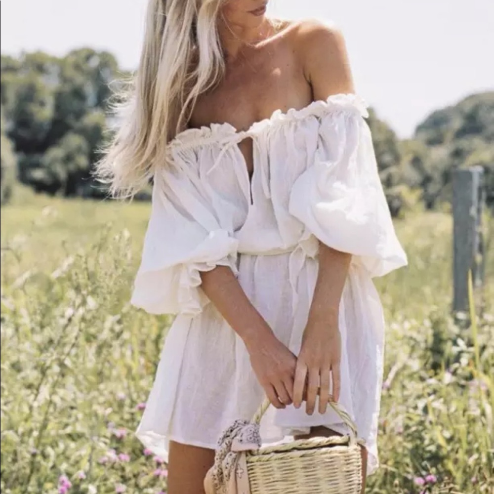 White boho off the shoulder gypsy dress cotton - Picture 1 of 8